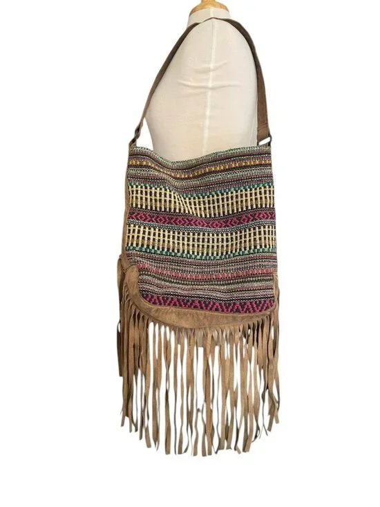 SATINATO Hobo Bag Women’s Brown Multi Fringe Woven Suede Festival - Picture 2 of 12